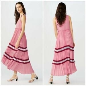 $570 Maje Pink Burgundy Lace Inset Vneck Ritello Accordion Pleat Maxi 1 NWT